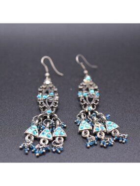 Vintage Silver Filigree Dangle Earrings With Blue Rhinestones & Beaded Accents 3